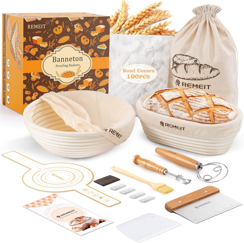 REMEIT Banneton Bread Proofing Basket Sourdough Bread Baking Supplies, Sourdough Starter Kit with 9" Round and 10" Oval Baskets, Sling, Bread Lame, Proofing Cover, Scraper, Dough Whisk - Image 1
