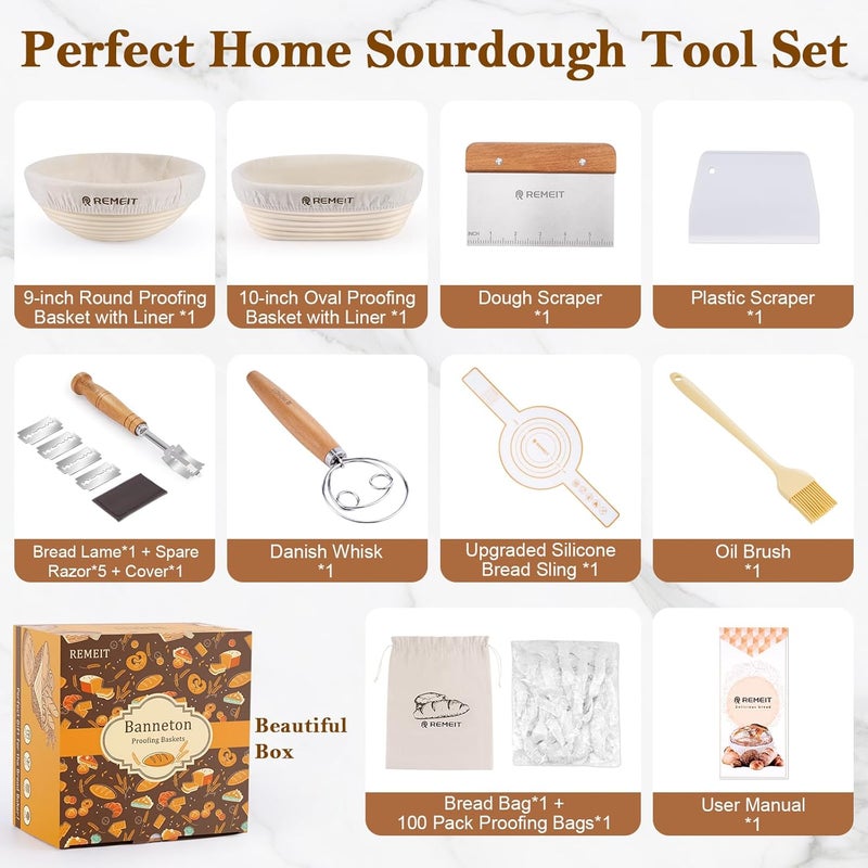 REMEIT Banneton Bread Proofing Basket Sourdough Bread Baking Supplies, Sourdough Starter Kit with 9" Round and 10" Oval Baskets, Sling, Bread Lame, Proofing Cover, Scraper, Dough Whisk - Image 4