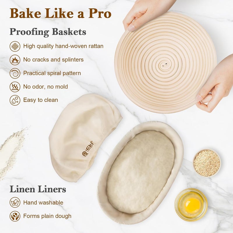 REMEIT Banneton Bread Proofing Basket Sourdough Bread Baking Supplies, Sourdough Starter Kit with 9" Round and 10" Oval Baskets, Sling, Bread Lame, Proofing Cover, Scraper, Dough Whisk - Image 3