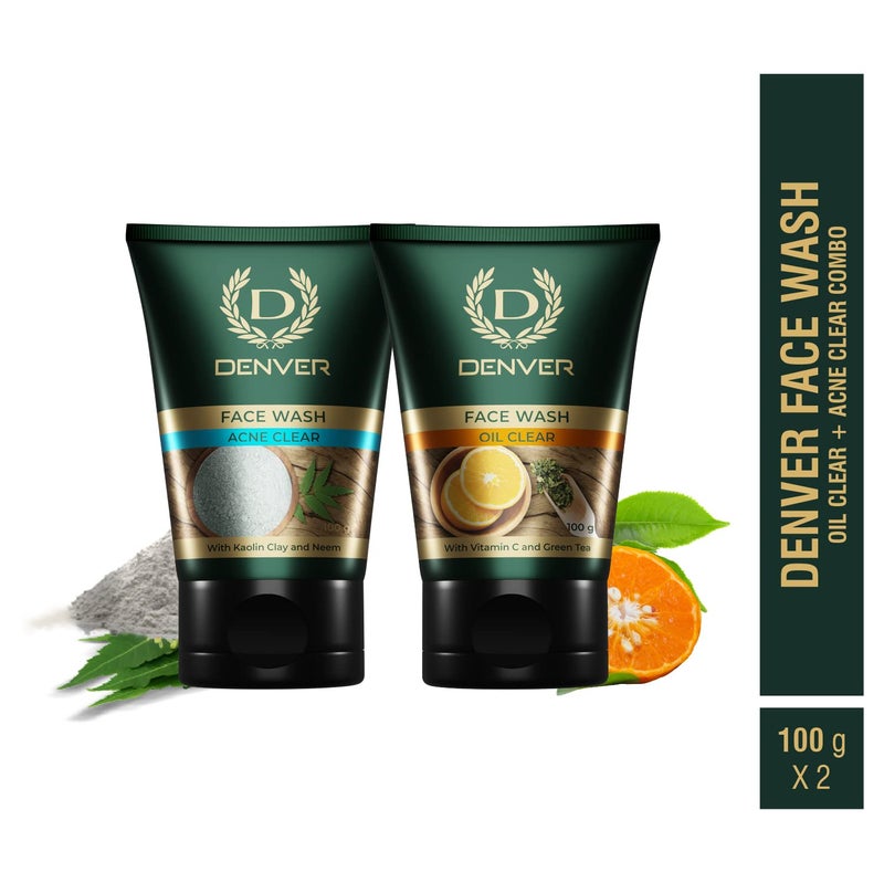 DENVER Oil Clear + Acne Clear Face Wash - 100GM Each (Pack of 2) | Oil Control/Acne Control Cleansing Gel - Remove Acne & Lighten Dark Spots Face Gel for Men - Image 2