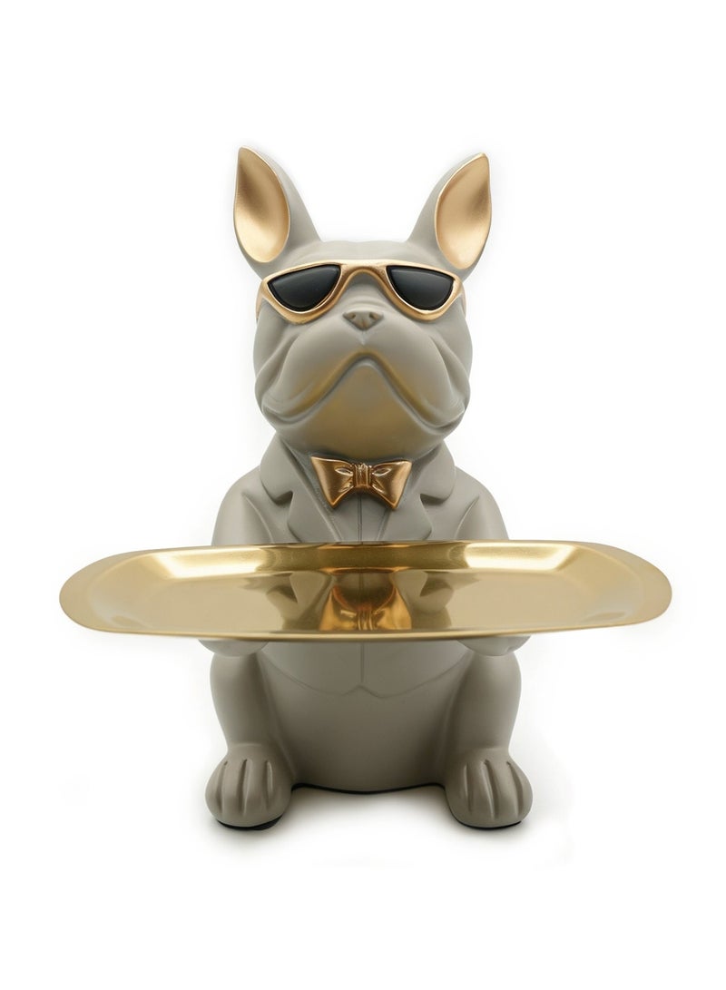 BERAM Bulldog Decorative Tray with Gold Finish, French Bulldog Figurine with Sunglasses, Key Holder & Jewellery Organizer, Resin Dog Statue for Home Decor, Entryway, Living Room, Office, Grey - Image 2