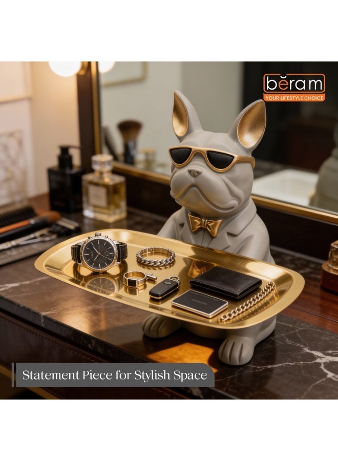 BERAM Bulldog Decorative Tray with Gold Finish, French Bulldog Figurine with Sunglasses, Key Holder & Jewellery Organizer, Resin Dog Statue for Home Decor, Entryway, Living Room, Office, Grey - Image 4