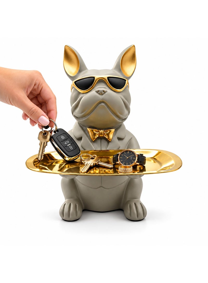 BERAM Bulldog Decorative Tray with Gold Finish, French Bulldog Figurine with Sunglasses, Key Holder & Jewellery Organizer, Resin Dog Statue for Home Decor, Entryway, Living Room, Office, Grey - Image 1