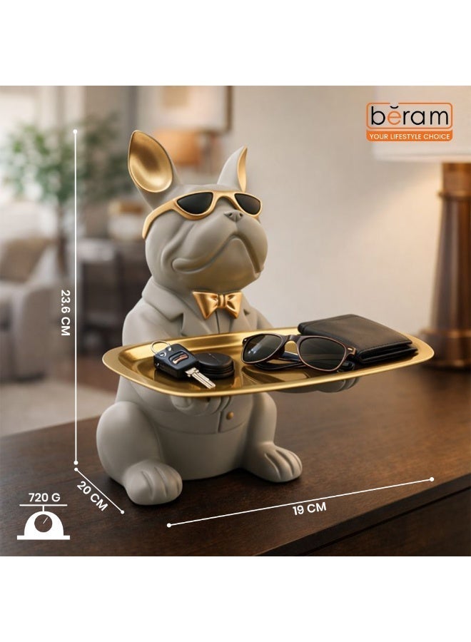 BERAM Bulldog Decorative Tray with Gold Finish, French Bulldog Figurine with Sunglasses, Key Holder & Jewellery Organizer, Resin Dog Statue for Home Decor, Entryway, Living Room, Office, Grey - Image 5