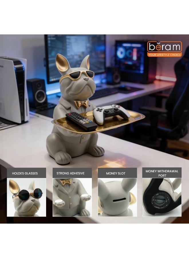 BERAM Bulldog Decorative Tray with Gold Finish, French Bulldog Figurine with Sunglasses, Key Holder & Jewellery Organizer, Resin Dog Statue for Home Decor, Entryway, Living Room, Office, Grey - Image 3