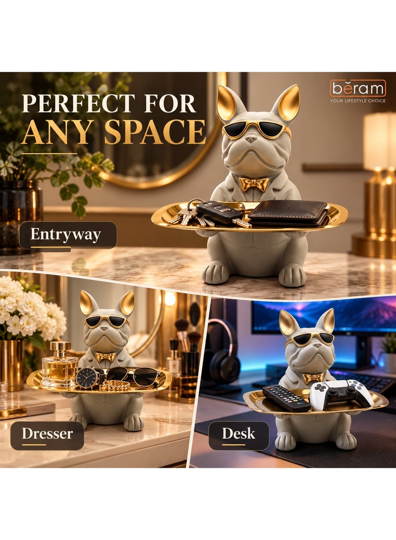BERAM Bulldog Decorative Tray with Gold Finish, French Bulldog Figurine with Sunglasses, Key Holder & Jewellery Organizer, Resin Dog Statue for Home Decor, Entryway, Living Room, Office, Grey - Image 4