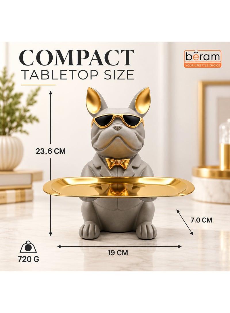 BERAM Bulldog Decorative Tray with Gold Finish, French Bulldog Figurine with Sunglasses, Key Holder & Jewellery Organizer, Resin Dog Statue for Home Decor, Entryway, Living Room, Office, Grey - Image 2