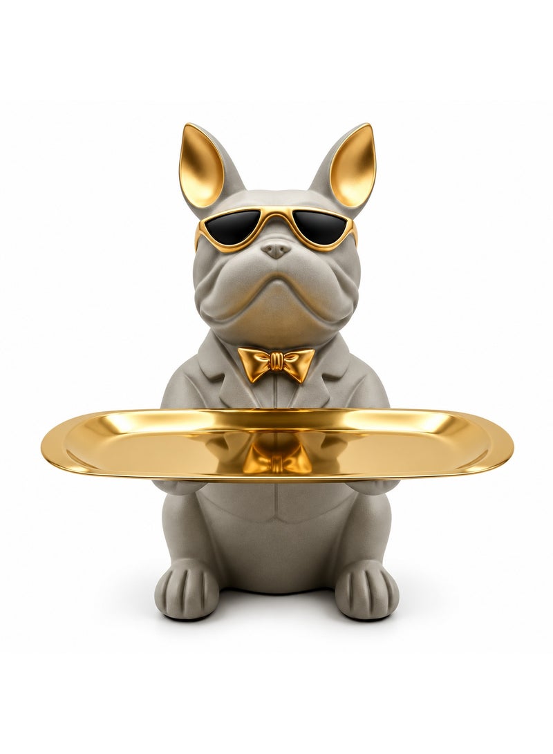 BERAM Bulldog Decorative Tray with Gold Finish, French Bulldog Figurine with Sunglasses, Key Holder & Jewellery Organizer, Resin Dog Statue for Home Decor, Entryway, Living Room, Office, Grey - Image 1