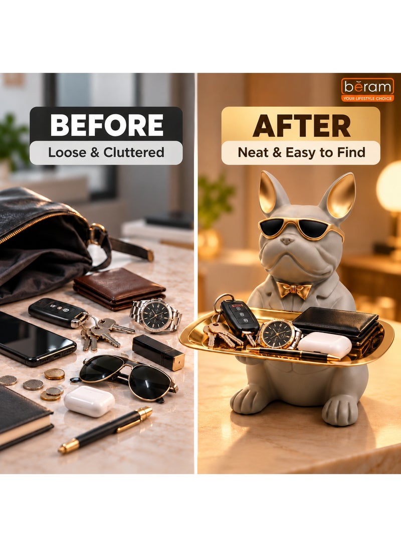 BERAM Bulldog Decorative Tray with Gold Finish, French Bulldog Figurine with Sunglasses, Key Holder & Jewellery Organizer, Resin Dog Statue for Home Decor, Entryway, Living Room, Office, Grey - Image 5