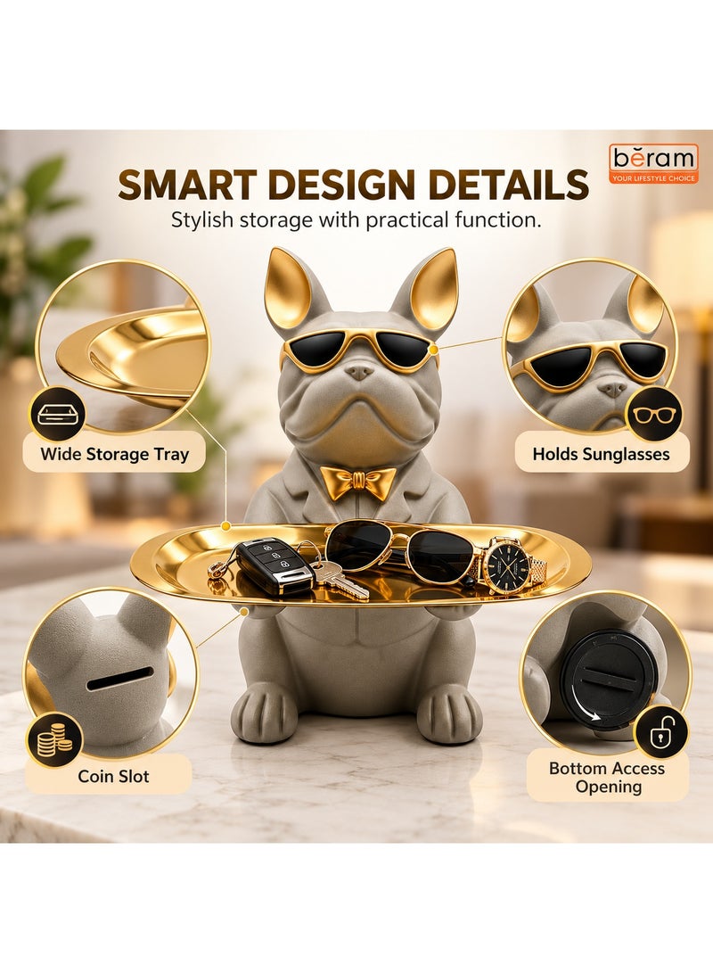 BERAM Bulldog Decorative Tray with Gold Finish, French Bulldog Figurine with Sunglasses, Key Holder & Jewellery Organizer, Resin Dog Statue for Home Decor, Entryway, Living Room, Office, Grey - Image 3
