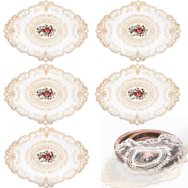 Mezchi 6 Pack Retro French Style Lace Placemats  Embroidered Crochet Lace Placemats  Victorian Decor Cup Mat for Coquette Room Decor  Vintage Room Decor  French Country Decor  12''x16''  Beige  Oval - Image 1