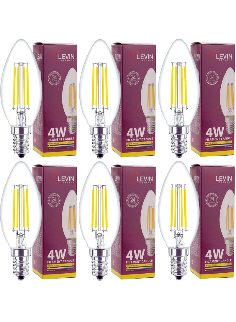 Levin Germany Led Bulb Candle 4W Filament Warm White 2700K Ideal For Chandeliers And Wall Lamps Energy Efficient Lighting Pack Of 6 - Image 1