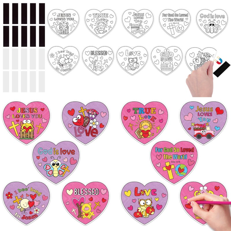 JAPBOR Valentines Christian Coloring Craft for Kids 30PCS Religious Color Your Own Magnet Kit DIY Valentines Day Arts and Crafts Bible Jesus Loves Me Fridge Magnetic for Sunday School Classroom - Image 3