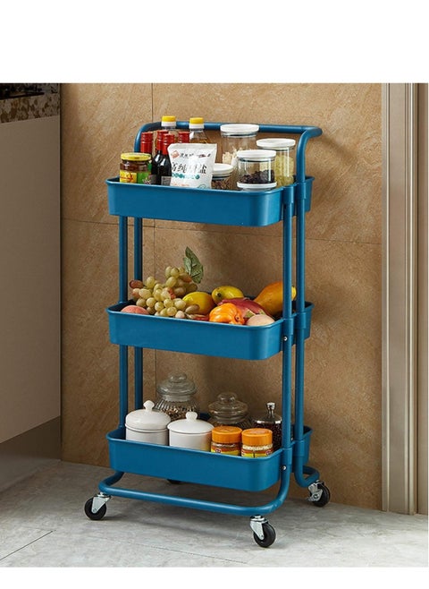 3 Tier Rolling Utility Cart with Handles and Lockable Wheels Blue