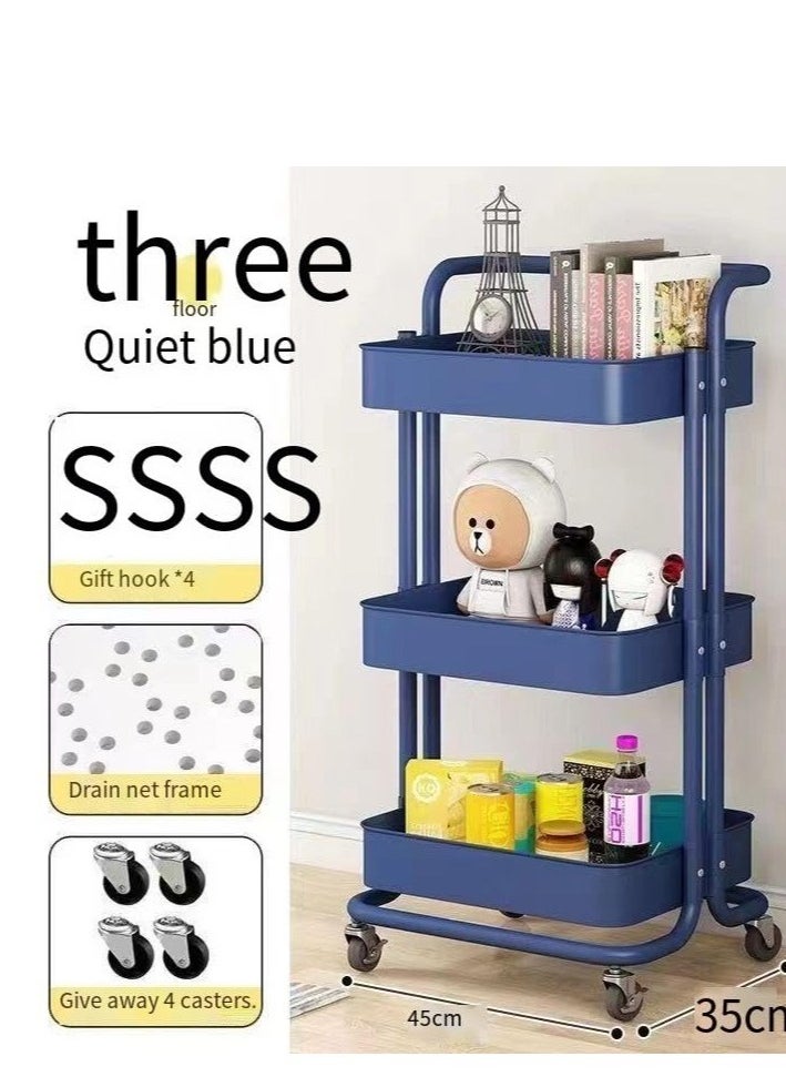 PENG GENERAL 3 Tier Rolling Utility Cart with Handles and Lockable Wheels Blue  - Image 3