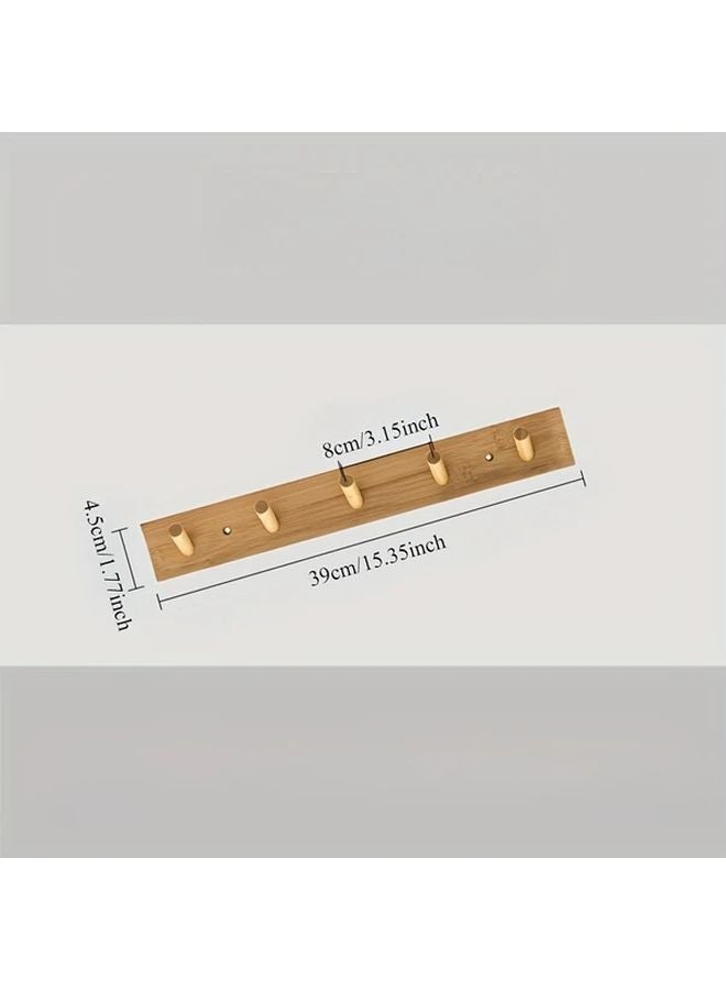 حامل معاطف مثبت على الحائط مع 5 خطاطيف من الخيزران للملابس، المناشف، القبعات، الحقائب اليدوية، والمفاتيح - Image 1