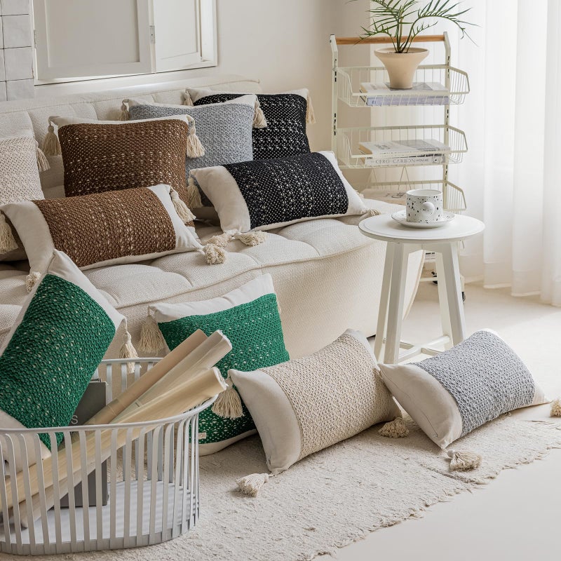 vctops Boho Cotton Linen Decorative Throw Pillow Covers with Tassels 16x24 Inch Soft Farmhouse Neutral Pillow Covers Accent Macrame Woven Beige Cushion Case for Couch Sofa Car (Beige Weave,16"x24") - Image 4