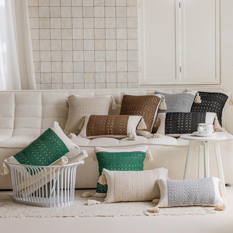 vctops Boho Cotton Linen Decorative Throw Pillow Covers with Tassels 16x24 Inch Soft Farmhouse Neutral Pillow Covers Accent Macrame Woven Beige Cushion Case for Couch Sofa Car (Beige Weave,16"x24") - Image 3