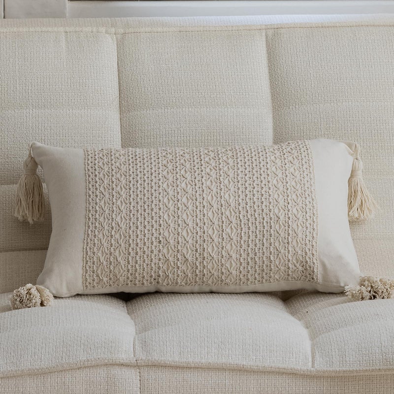 vctops Boho Cotton Linen Decorative Throw Pillow Covers with Tassels 16x24 Inch Soft Farmhouse Neutral Pillow Covers Accent Macrame Woven Beige Cushion Case for Couch Sofa Car (Beige Weave,16"x24") - Image 1