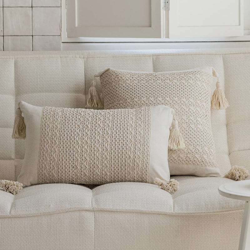 vctops Boho Cotton Linen Decorative Throw Pillow Covers with Tassels 16x24 Inch Soft Farmhouse Neutral Pillow Covers Accent Macrame Woven Beige Cushion Case for Couch Sofa Car (Beige Weave,16"x24") - Image 2