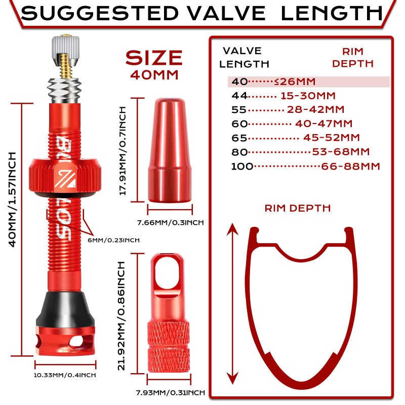 BUCKLOS Tubeless Presta Valve Stem 40/44/55/60/65/80/100 mm, Valve Stem Kit with Valve Core Removal Tool for Road Bike/Mountain Bike/MTB, Fit Most Bicycle Rims, Super Light Durable Aluminum Stem Red - Image 5
