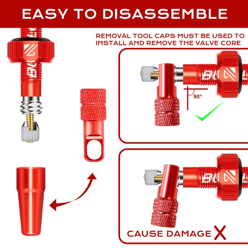 BUCKLOS Tubeless Presta Valve Stem 40/44/55/60/65/80/100 mm, Valve Stem Kit with Valve Core Removal Tool for Road Bike/Mountain Bike/MTB, Fit Most Bicycle Rims, Super Light Durable Aluminum Stem Red - Image 3