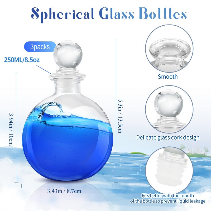 Tessco 3 Pcs Spherical Potion Bottles Round Glass Bottles Clear Potion Jars Large Decorative Witch Bottles For Halloween Christmas Costume Props Diy Crafts Decoration(5.31 Inches Round Ball Stopper) - Image 2