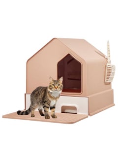 MAJIBAO Fully enclosed house-shaped cat litter box drawer type cats toilet with litter scoop and cleaning board, Large space cat house deodorant splash-proof (Pink Color) 46 cm L  - Image 1