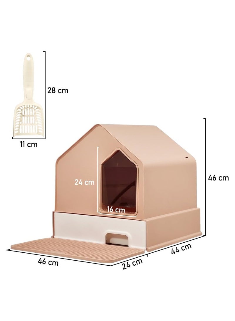 MAJIBAO Fully enclosed house-shaped cat litter box drawer type cats toilet with litter scoop and cleaning board, Large space cat house deodorant splash-proof (Pink Color) 46 cm L  - Image 2
