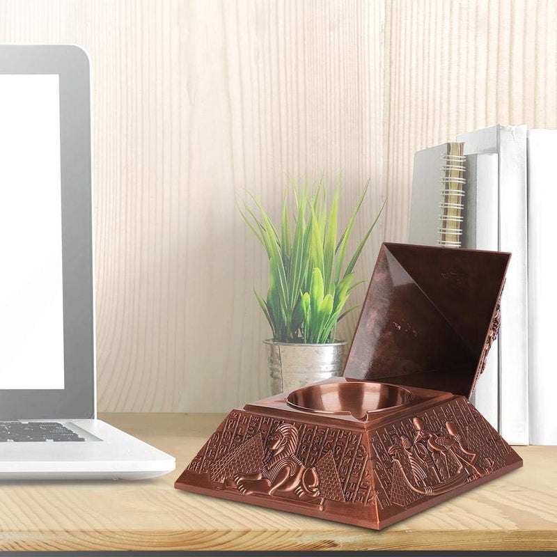 Vintage Metal Ashtray with Cover Windproof Ashtray Egyptian Pyramid Ornaments for Home Hotel Office Coffee Table Decor Gifts (Coppery) - Image 4