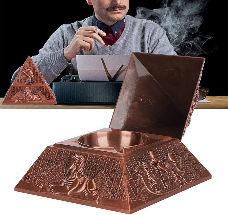 Vintage Metal Ashtray with Cover Windproof Ashtray Egyptian Pyramid Ornaments for Home Hotel Office Coffee Table Decor Gifts (Coppery) - Image 5