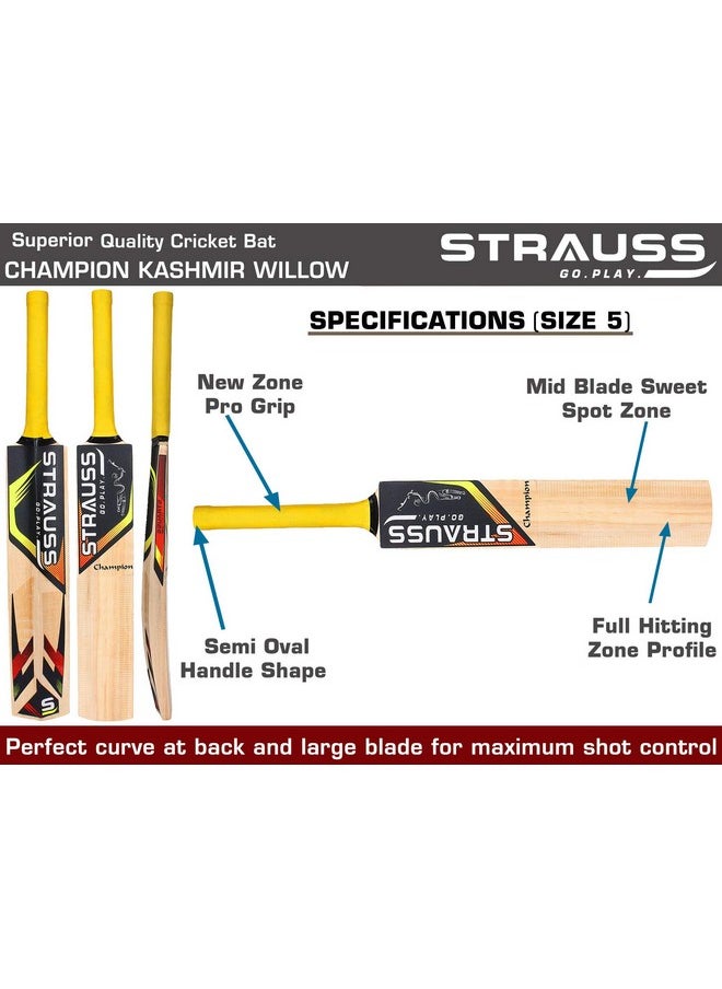 شتراوس مضرب الكريكيت شتراوس | الإصدار: Champion | Kashmir Willow | المقاس: 5 | مضرب الكريكيت للتنس والكرات الاصطناعية | مضرب الكريكيت للتنس  - Image 2