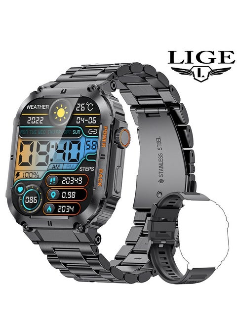 Smart Watch for Men Bluetooth Calling 1.96" AMOLED Screen Sport Fitness Tracker Waterproof Smartwatch for Android iOS with Black Steel Band