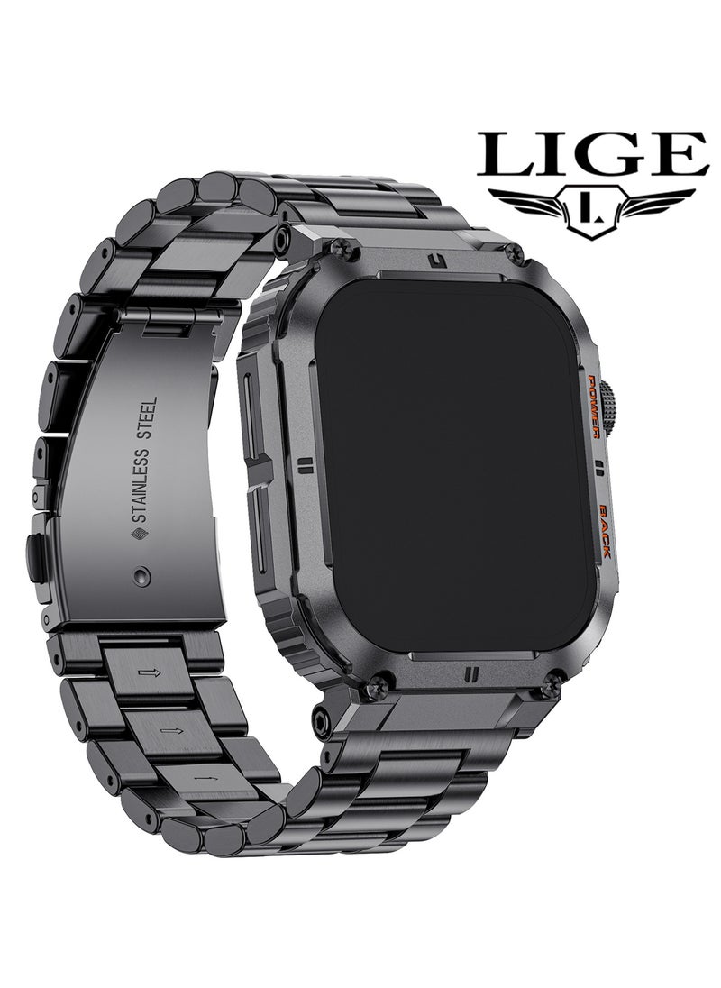 LIGE - Smart Watch for Men Bluetooth Calling 1.96" AMOLED Screen Sport Fitness Tracker Waterproof Smartwatch for Android iOS with Black Steel Band - Image 1