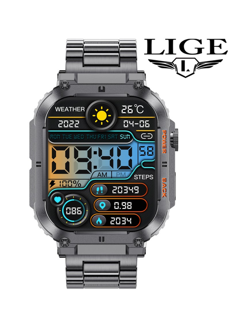 LIGE - Smart Watch for Men Bluetooth Calling 1.96" AMOLED Screen Sport Fitness Tracker Waterproof Smartwatch for Android iOS with Black Steel Band - Image 1