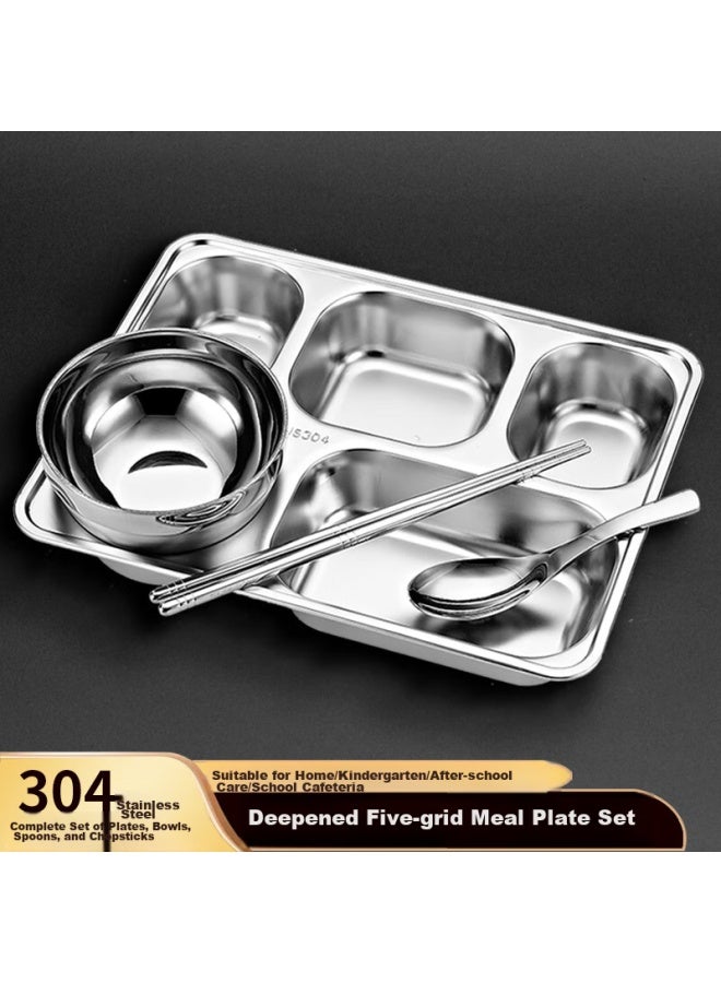 Yutai 304 Stainless Steel Meal Tray Lunch Box, Five-compartment Deep Canteen Divided Fast Food Plate Bowl Spoon And Chopsticks Set, 282204tz - Image 1