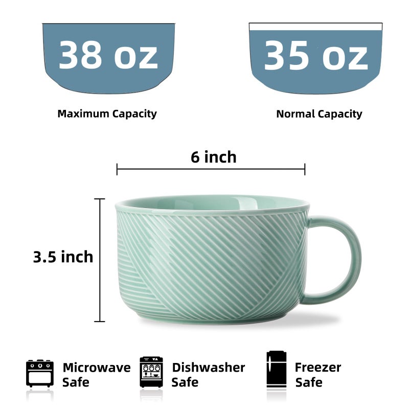 Adewnest Ceramic Soup Bowl with Handle: 38 oz Microwave Safe Extra Large Mug for Oatmeal, Cereal, Breakfast, Meal Prep, Work Lunch, Dorm Living, Single Serve Dinner - 6 Inch, Mint Green - Image 2