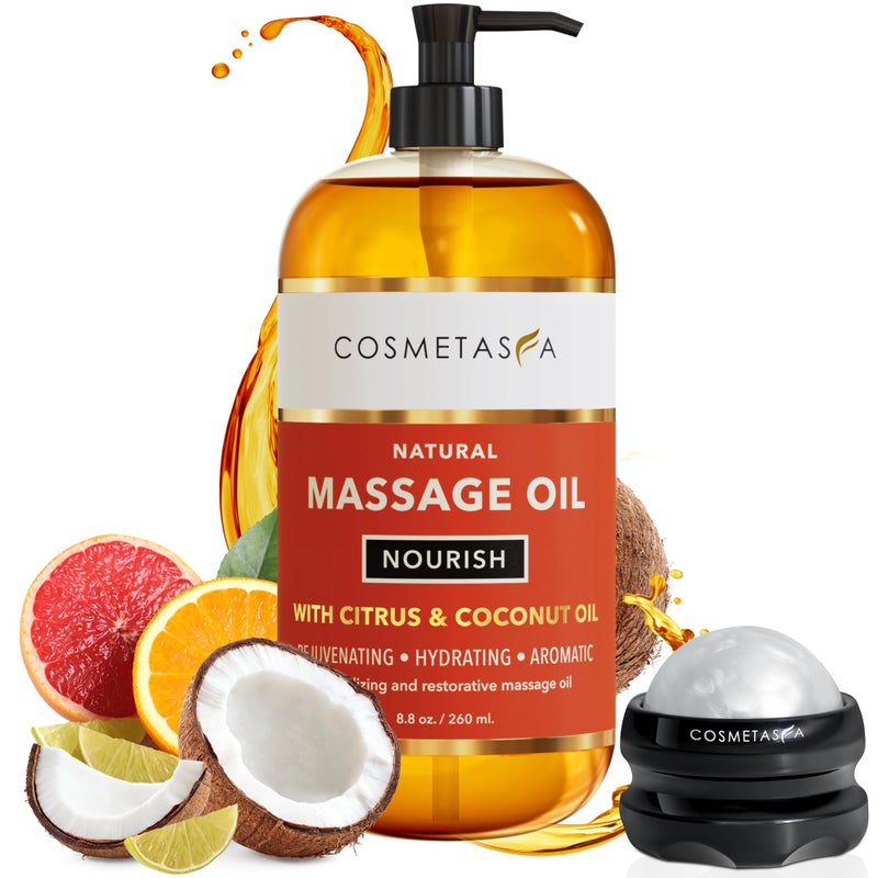 Cosmetasa Natural Nourishing Massage Oil with Massage Roller Ball Therapeutic Citrus Coconut Massage Oils with Rejuvenating Hydrating Aromatic Essential Oils for Dry Skin Soothes Muscle Joints 88 oz