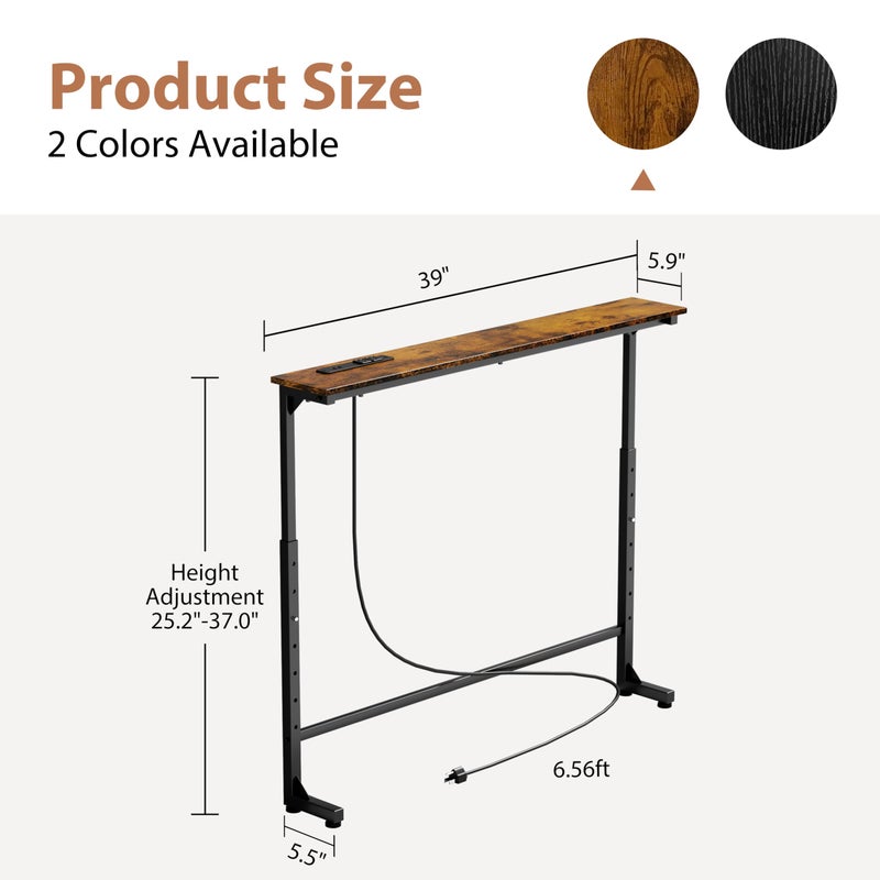 GRLEAF 39" Adjustable Height Narrow Console Table with Power Outlets, Long Sofa Table with Charging Station Behind Couch Table Skinny Entryway Table for Living Room, Hallway and Office â€“ Rustic Brown - Image 3