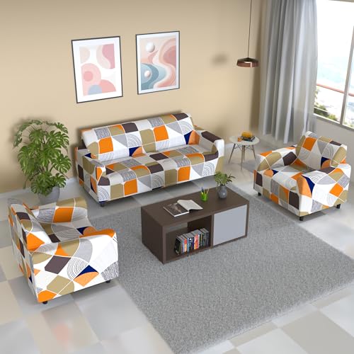 B BESTILO Sofa Cover 3 Seater and 2 Seater Fully Covered Universal 5 Seater Sofa Cover Non-Slip Sticky Elastic Stretchable Sofa Set Imported Slipcover (Square Abstract, Five Seater (3+1+1)) - Image 1