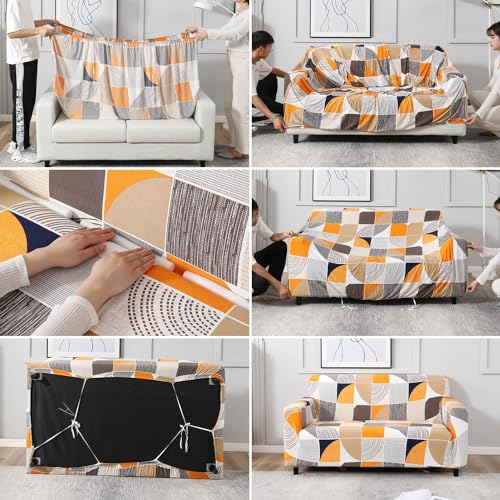 B BESTILO Sofa Cover 3 Seater and 2 Seater Fully Covered Universal 5 Seater Sofa Cover Non-Slip Sticky Elastic Stretchable Sofa Set Imported Slipcover (Square Abstract, Five Seater (3+1+1)) - Image 3