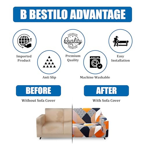 B BESTILO Sofa Cover 3 Seater and 2 Seater Fully Covered Universal 5 Seater Sofa Cover Non-Slip Sticky Elastic Stretchable Sofa Set Imported Slipcover (Square Abstract, Five Seater (3+1+1)) - Image 5