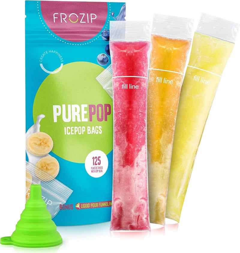 FROZIP أكياس قوالب الآيس كريم القابلة للتخلص 125 | أنابيب تجميد خالية من مادة BPA مع أختام زيب | مناسبة للوجبات الخفيفة الصحية، عصي الزبادي، العصائر والسموذيات الفواكه، والآيس كريم | تأتي مع مجرفة (8×2 بوصة) - Image 1