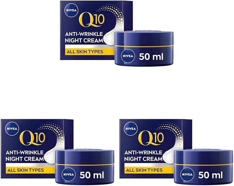 NIVEA Q10 AntiWrinkle Power Revitalising Night Cream 50ml AntiWrinkle Face Cream with Skin Identical Q10 and Creatine Regenerative Night Cream Pack of 3