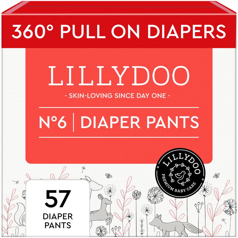 LILLYDOO Diaper Pants Toddlers - Size 6 (29+ lbs), Half-Monthly Supply (57 Count), Skin-Friendly, Ultrasoft, Chlorine-Free, Snug Fit & Absorbent Pull On Diapers - Image 1