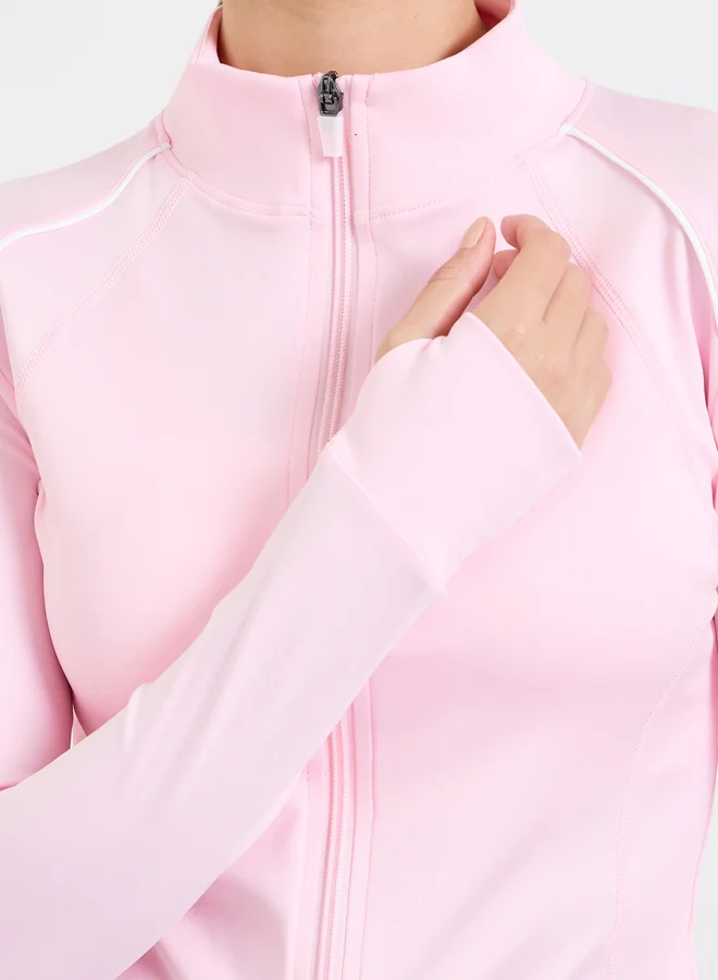 Styli Active Pink Pink Long Sleeves Thumbhole Detail Zip Up Jacket for Women | Best Price UAE