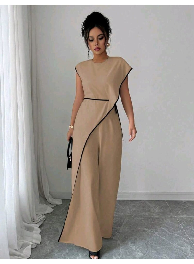 Shein Women's Round Neck Trim Design Side Tie Waist 2 In 1 Wide Leg Jumpsuit FROM SHEIN - Image 1