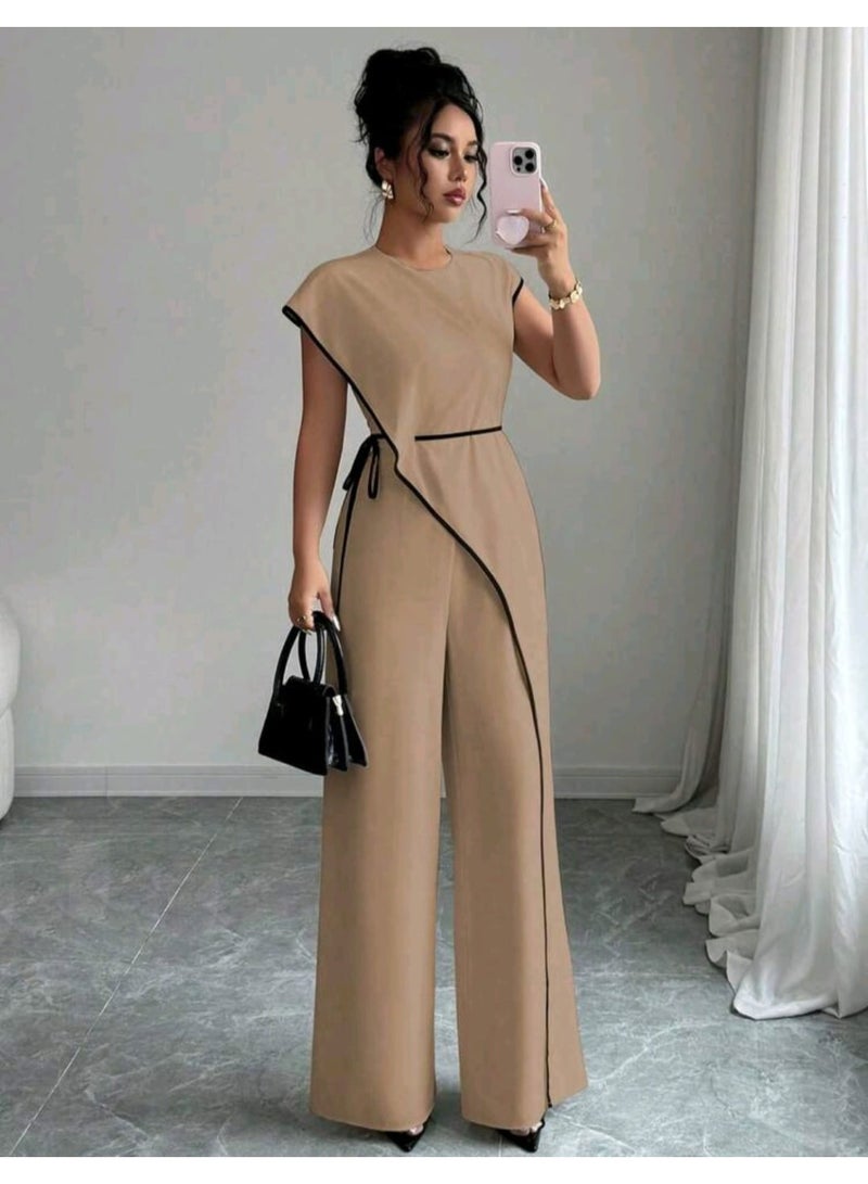 Shein Women's Round Neck Trim Design Side Tie Waist 2 In 1 Wide Leg Jumpsuit FROM SHEIN - Image 2