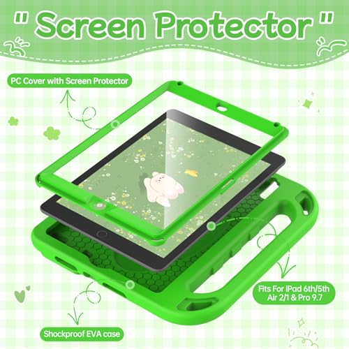 BMOUO Kids Case for iPad 6th/5th Generation (iPad 9.7-inch, 2017/2018), iPad 9.7/Air 2 Casee with Screen Protector, Shockproof Handle Stand iPad 6th 5th Generation Case for Kids, Green - Image 3