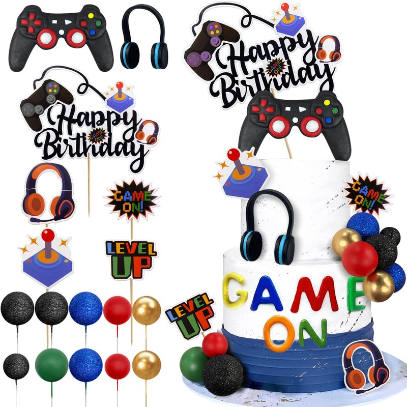 TOSPARTY Video Game Cake Toppers Video Game Happy Birthday Controller Headset Cake Decoration Ball Cake Decoration for Game Theme Birthday Party Cake Decoration (Blue Colorful) - Image 1